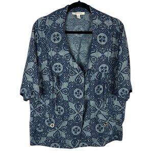 JM Collection Linen Lagenlook Button Front Short Sleeve Blouse Size 18 Blue